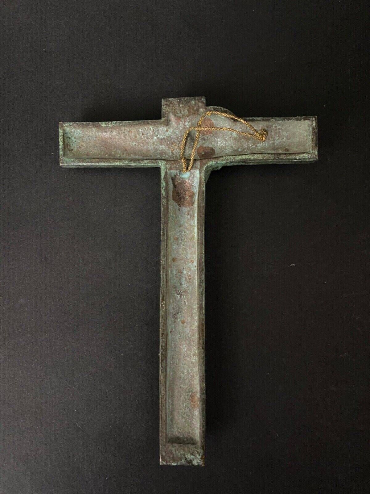 20th century bronze crucifix with green patina in the style of the Haute Epoque