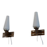 Pair of Scandinavian wall lights in teak and opaline from the 1960s.