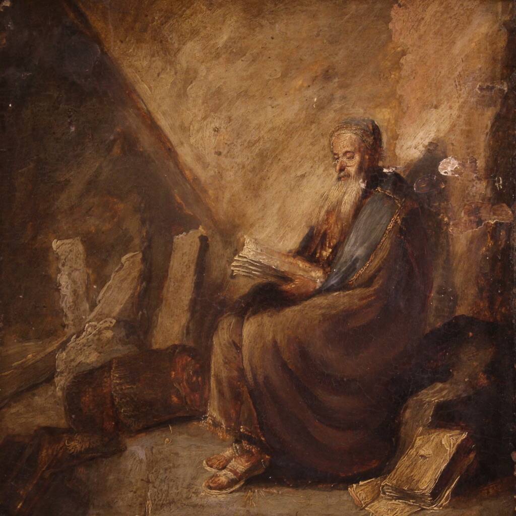 Antique painting on panel depicting Hermit from the 18th century