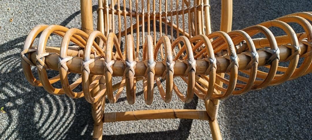 Designer rocking chair in rattan and bamboo from the 1950s/60s