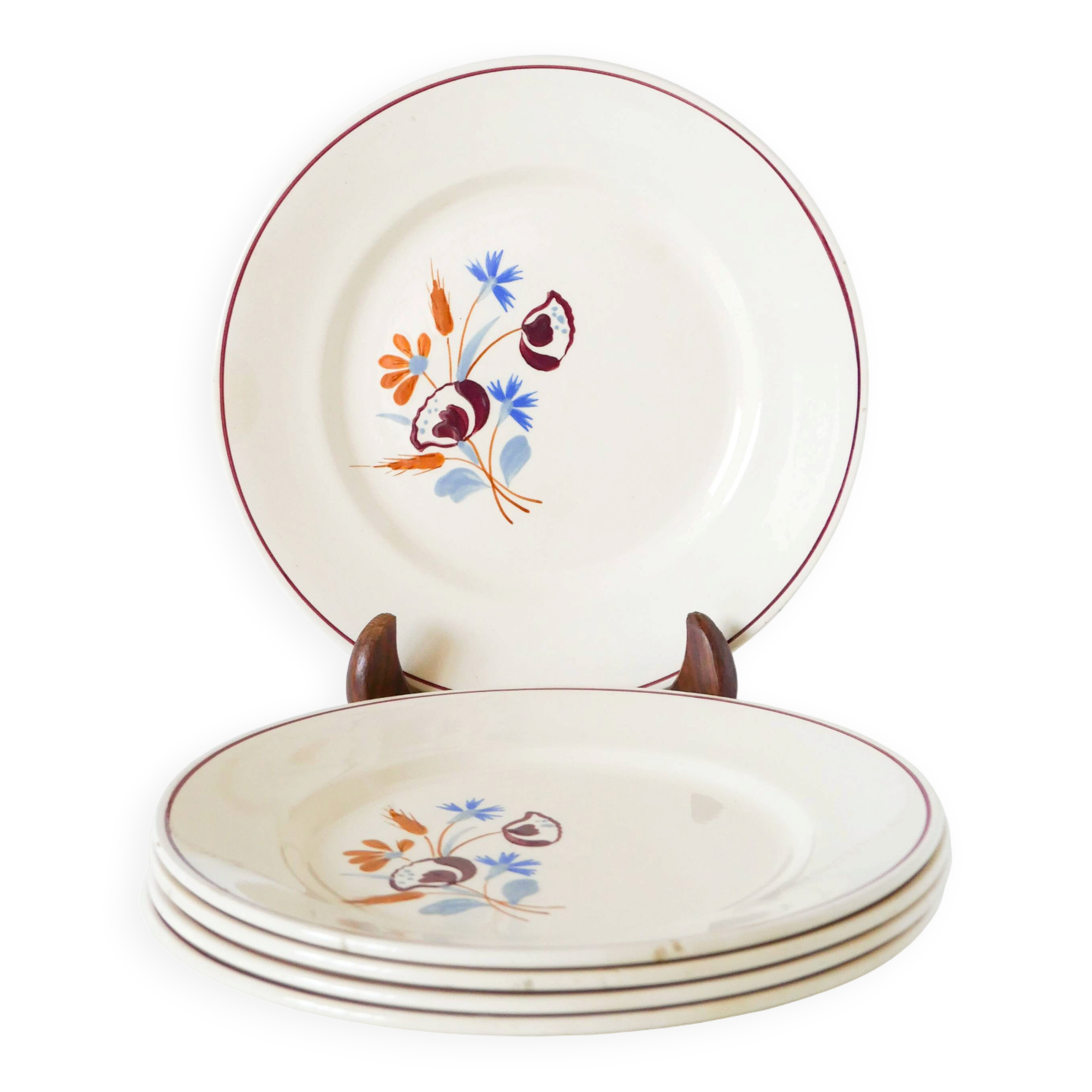 Set of 5 dessert plates Salins, hand-painted flower patterns, 1950.