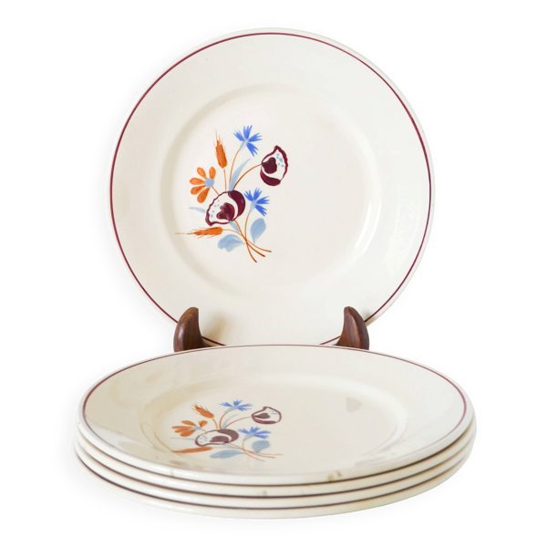 Lot de 5 assiettes à dessert Salins, motifs Fleurs peintes à la main, 1950