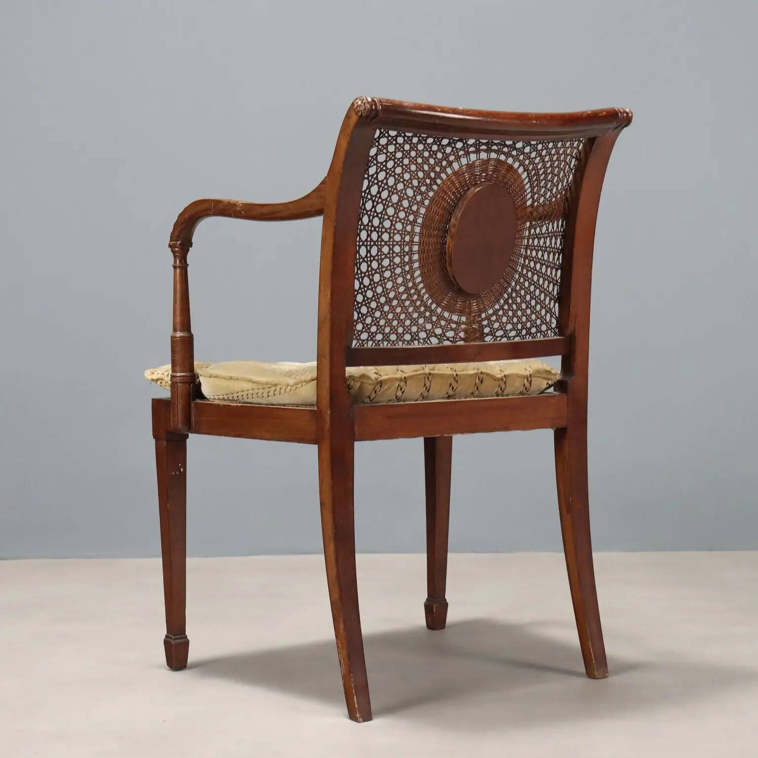 Antique beech armchair stained walnut and fabric, Italy, 19th century