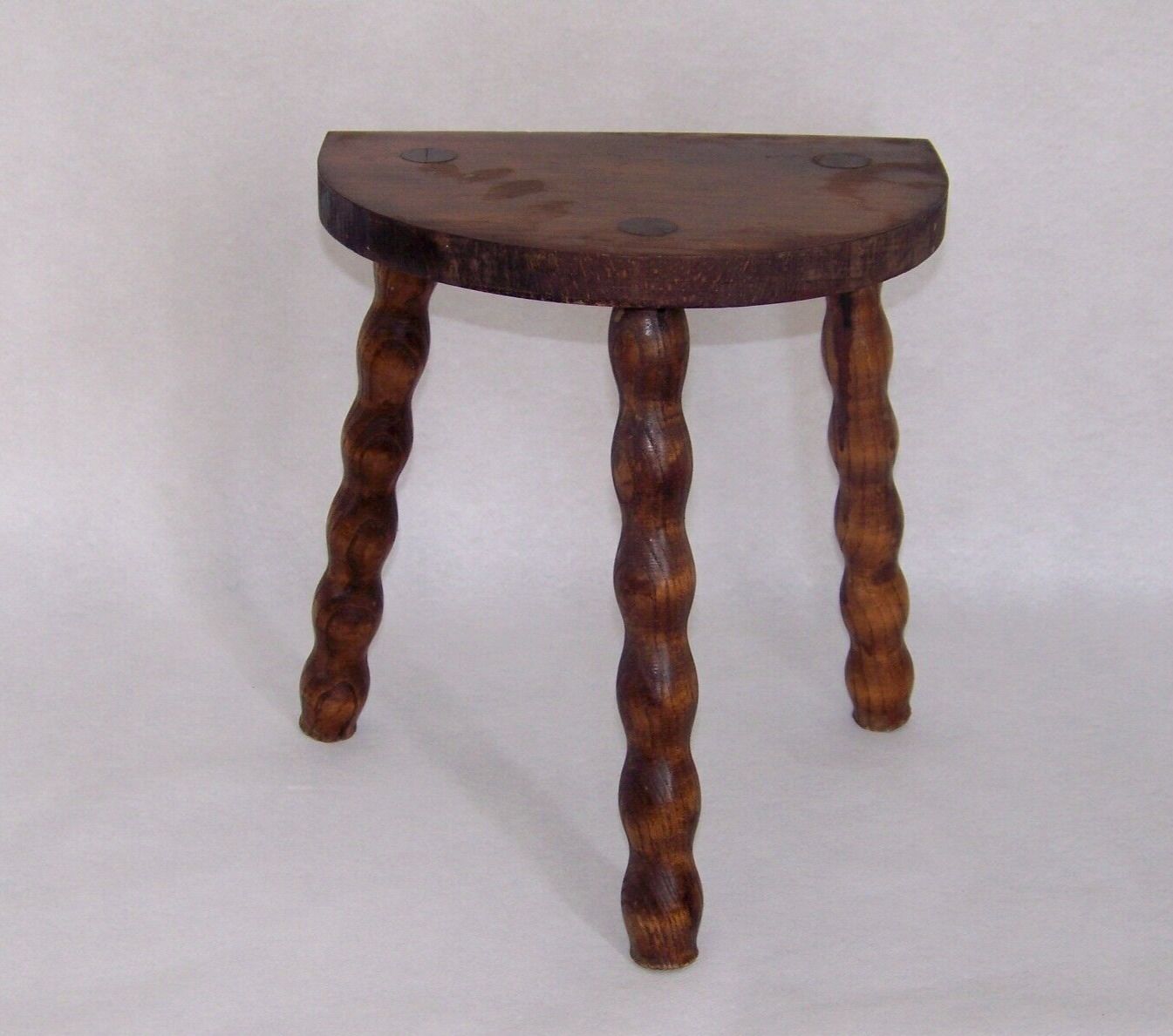 French vintage traditional handmade half moon milking stool with bobbin leg