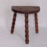 French vintage traditional handmade half moon milking stool with bobbin leg