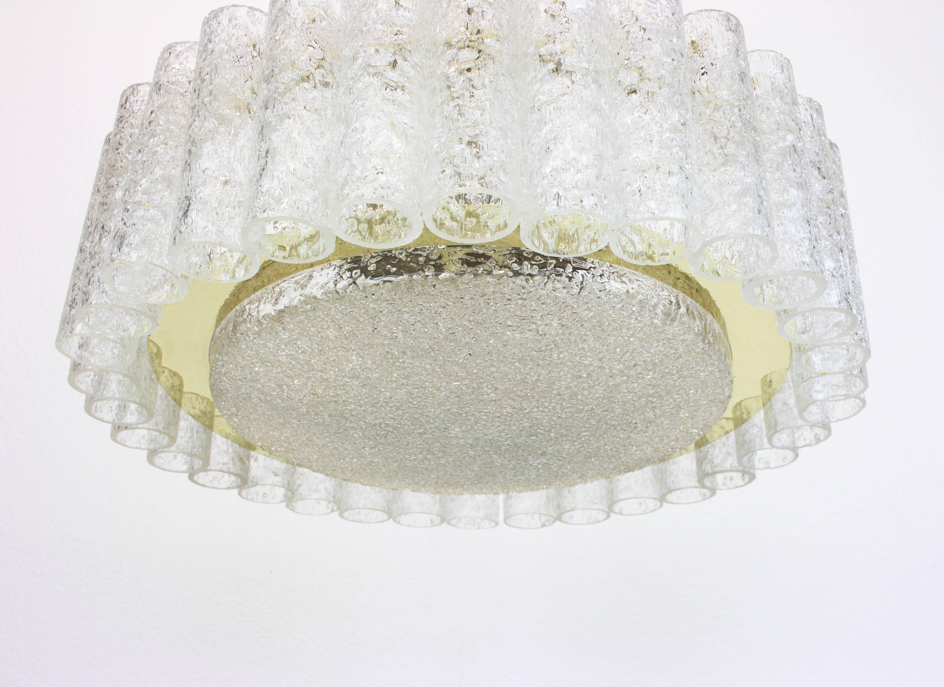 1 of 2 glass tube chandeliers by Doria with brass surround, Germany, 1960s