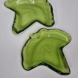 Two empty pressed glass pockets in the shape of ivy leaves, 17 cm