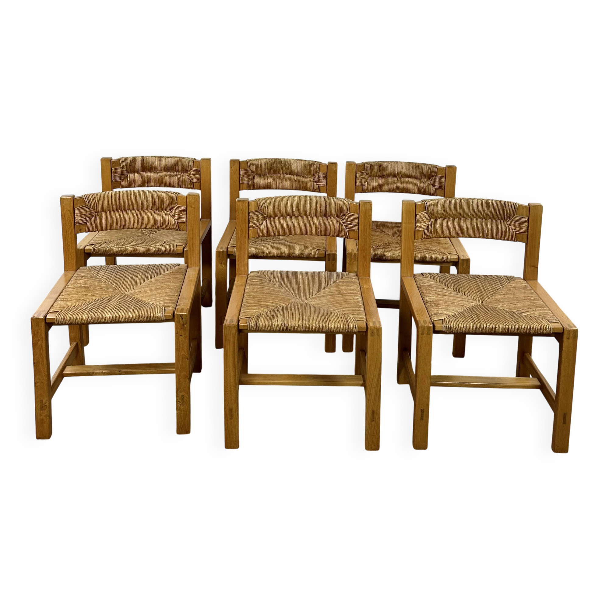 Set of 6 solid elm chairs by maison regain 1970.