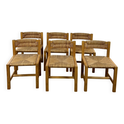 Série de 6 chaises en orme massif maison regain 1970