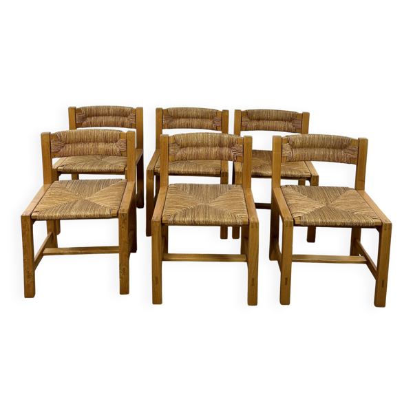 Série de 6 chaises en orme massif maison regain 1970