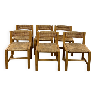 Set of 6 solid elm chairs by maison regain 1970.