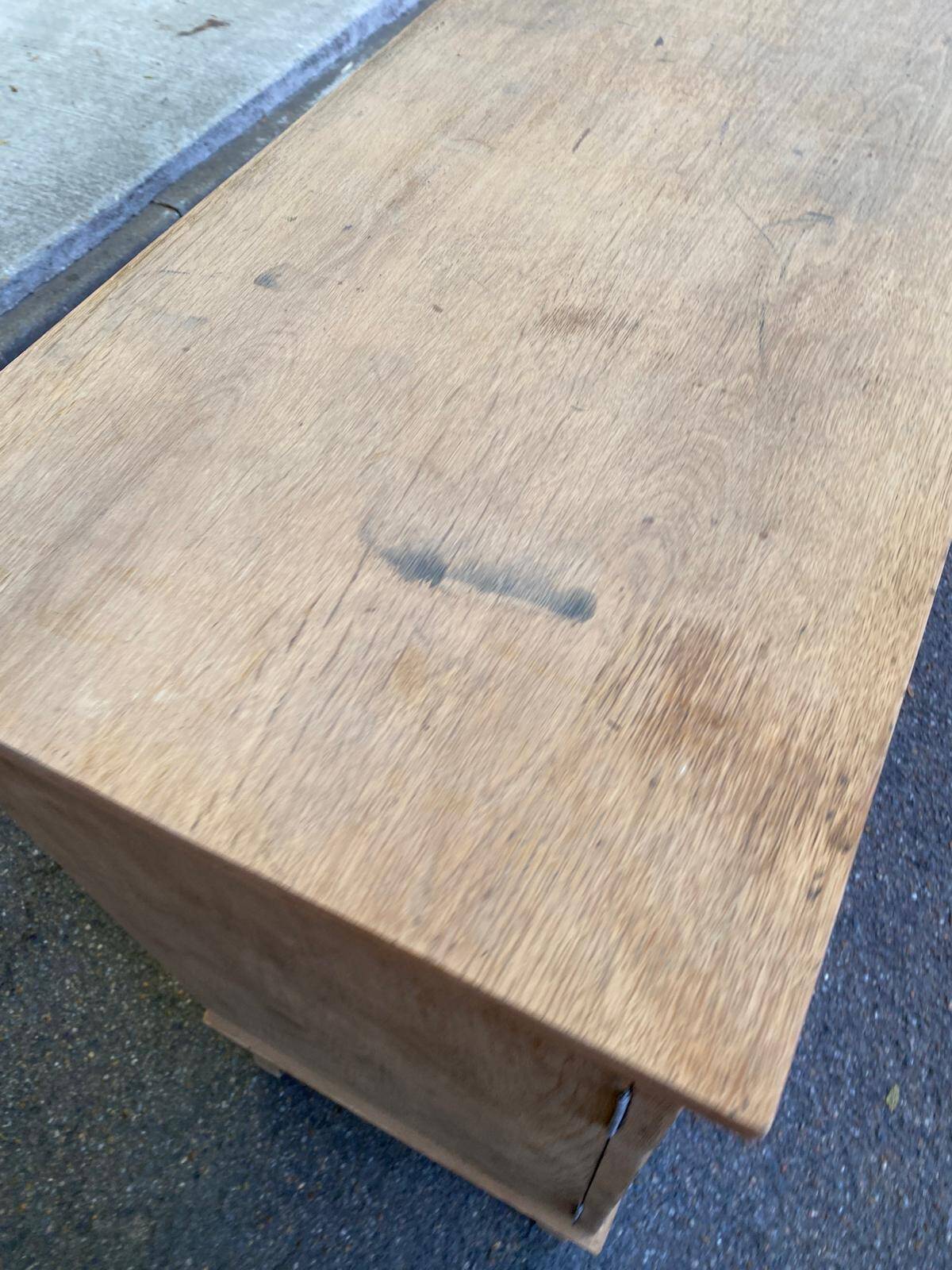 Vintage 1950s oak enfilade buffet with tapered legs.