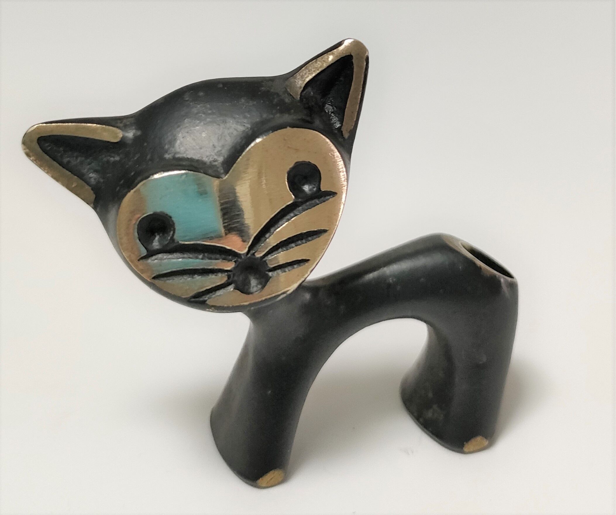 Porte stylo zoomorphe chat bronze patine noir design vintage