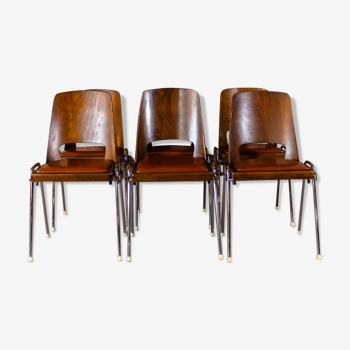 6 chaises Baumann en simili cuir cognac, circa 1960