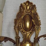 Pair of antique 2-light wall sconces in bronze with crystal pendants, Spain.