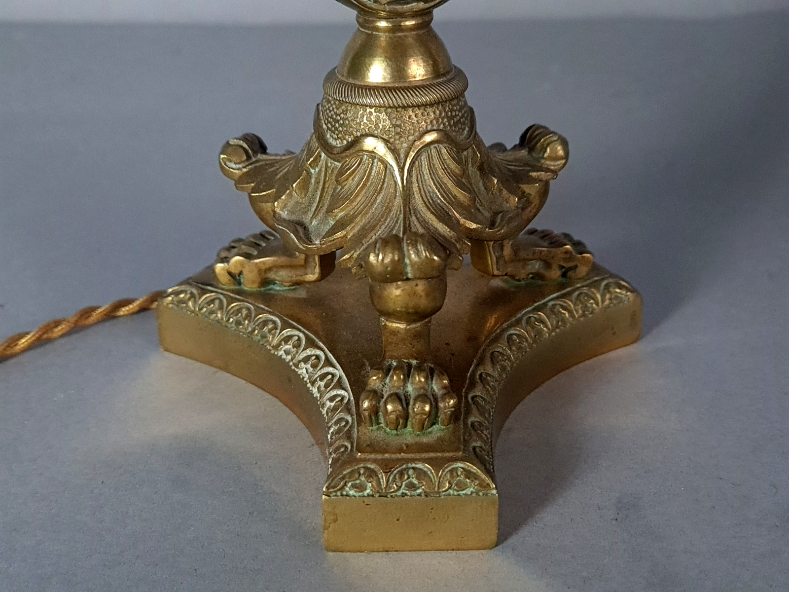 Antique bronze brass torch mounted as a lamp with shade, 44 cm C676