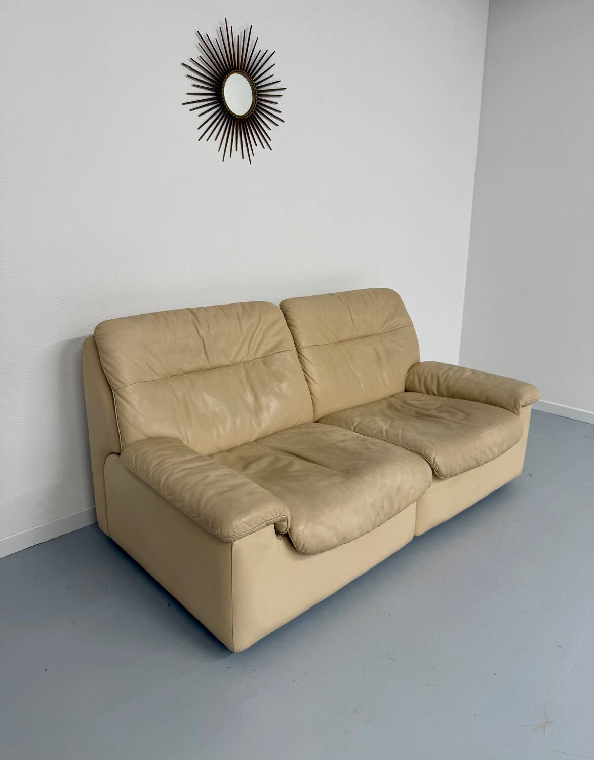 Old 2-seater beige leather sofa designed by Carl Larsson De Sede, vintage 80s