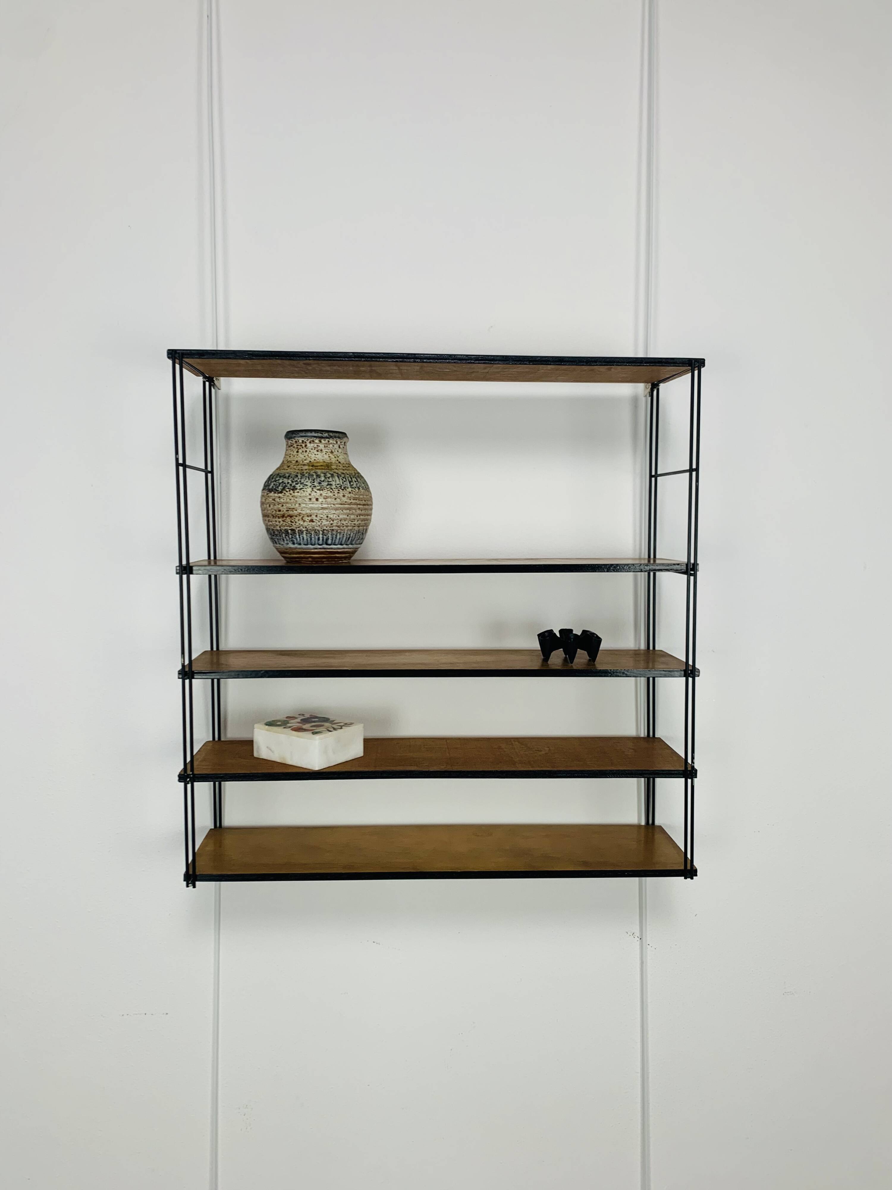 60s wall-mounted string shelf, wood and metal