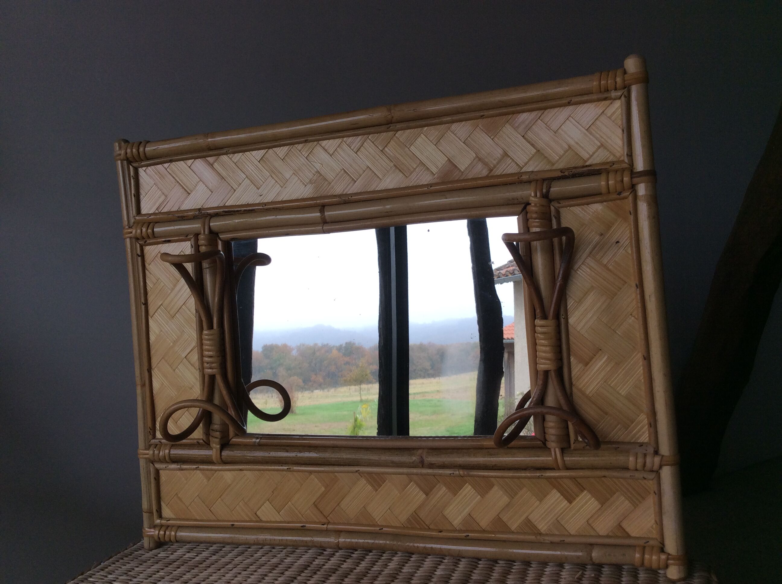 Coat rack with mirror rattan and bamboo