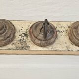 Antique teak coat rack with 3 wrought iron hooks