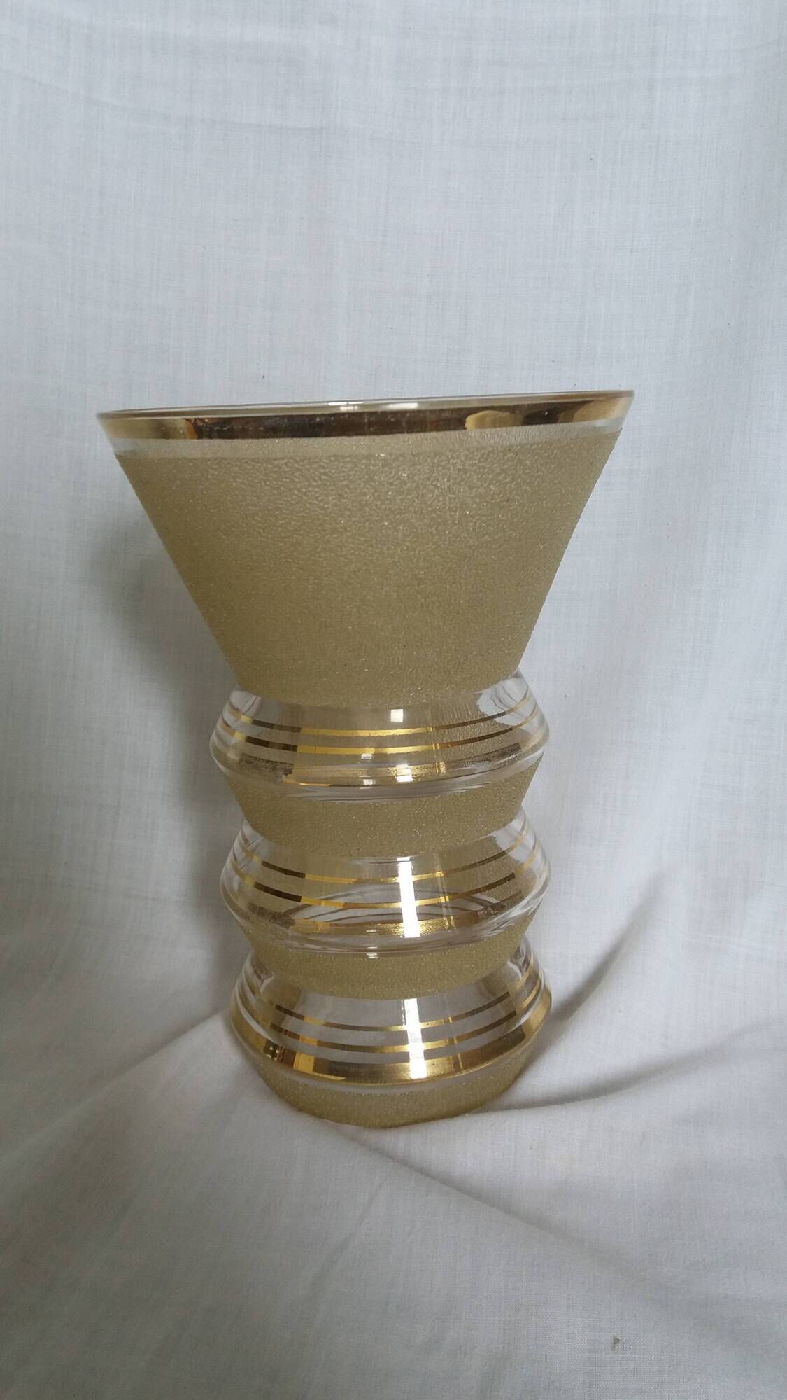 Frosted glass vase with a champagne finish and gold trim Art Deco
