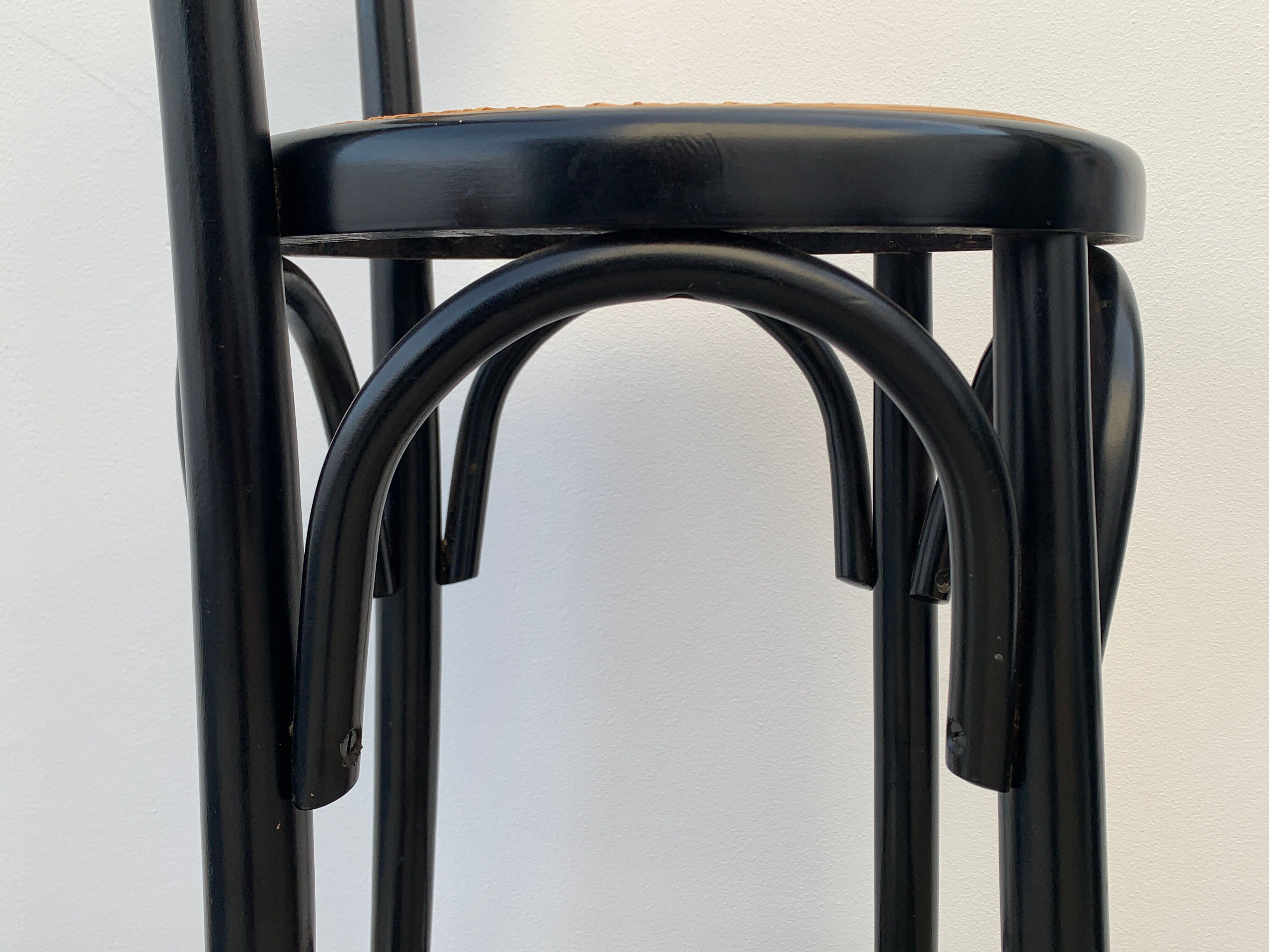 Pair of high canne stools or black curved wooden bar chairs, 1970