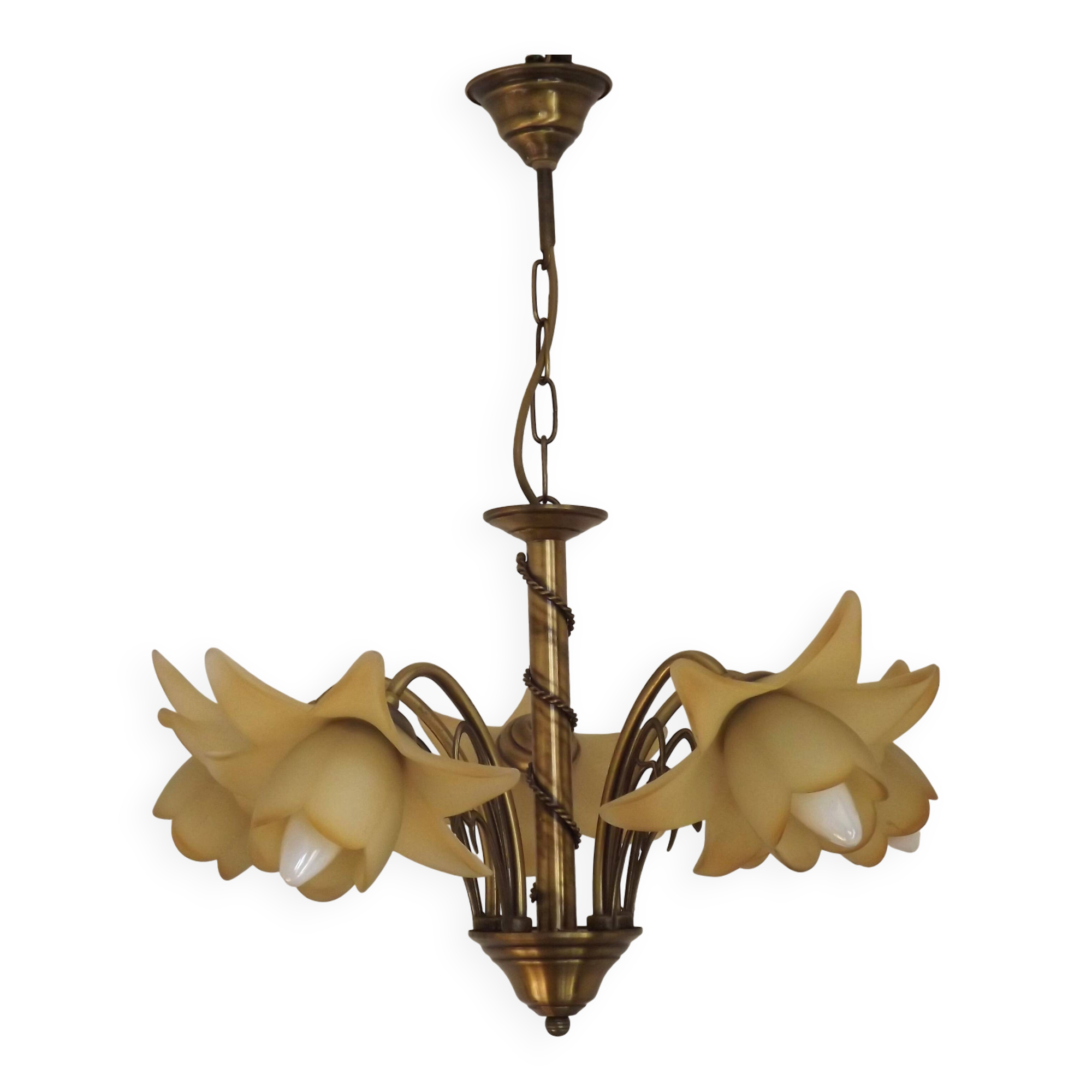 Vintage 5-light chandelier in metal with a bronze effect and flower-shaped lampshades, France.