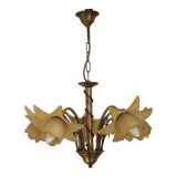 Vintage 5-light chandelier in metal with a bronze effect and flower-shaped lampshades, France.