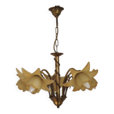 Vintage 5-light chandelier in metal with a bronze effect and flower-shaped lampshades, France.