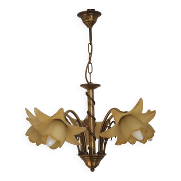 Vintage 5-light chandelier in metal with a bronze effect and flower-shaped lampshades, France.