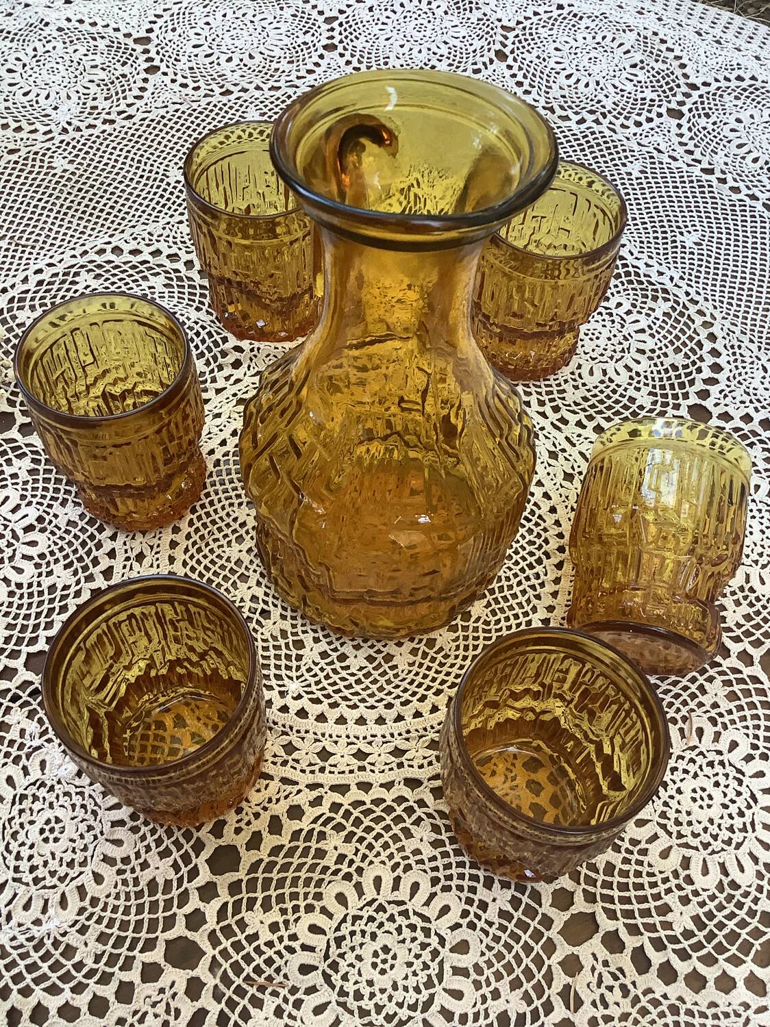 🍂 Set of vintage amber glass glasses and carafe 🍂
