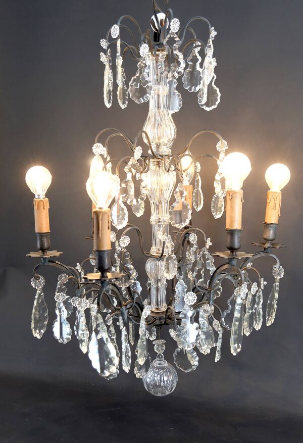Important lustre cage en bronze, cristal de Baccarat, Style Louis XV, 1900