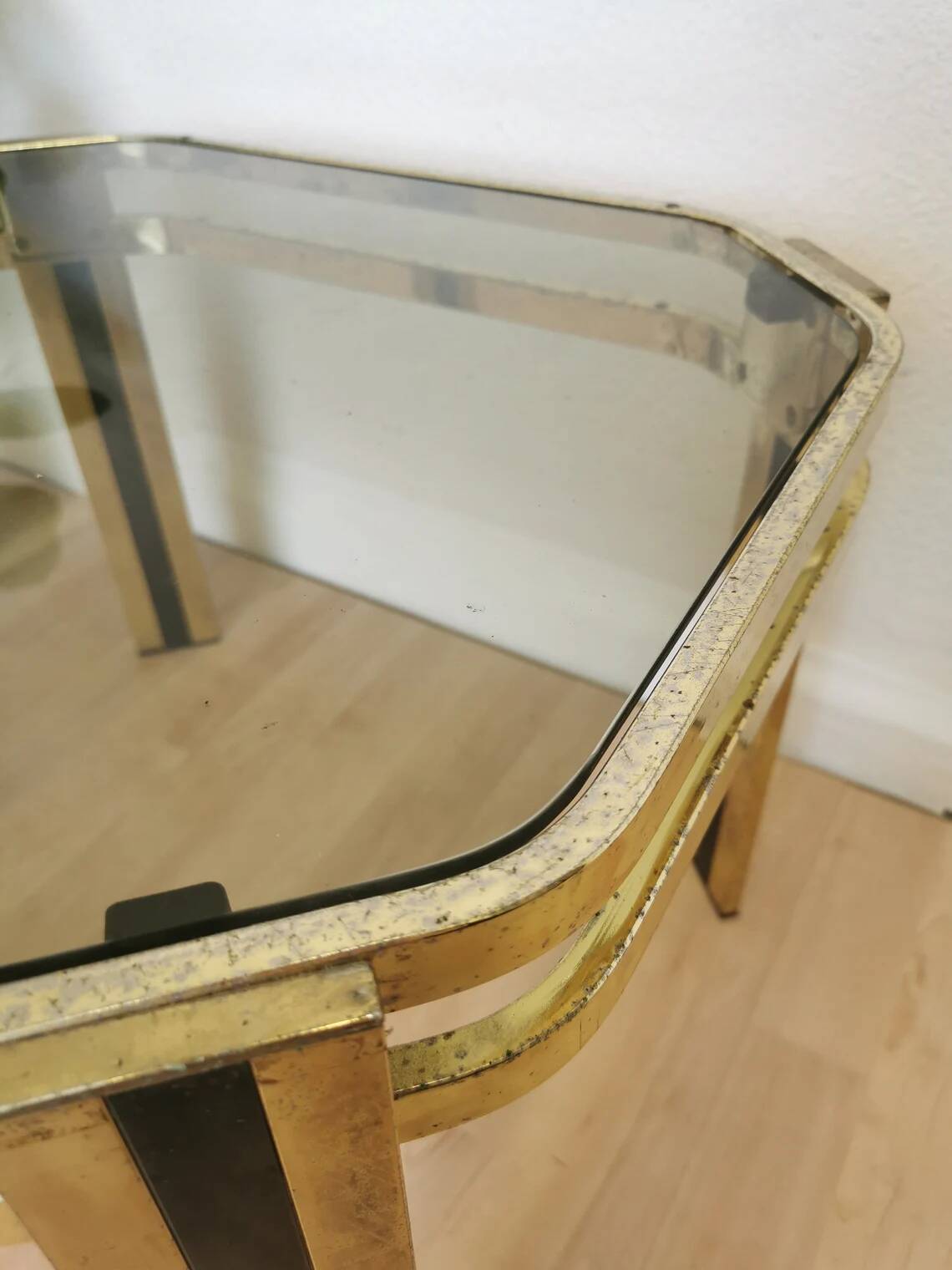 Vintage Brass & Smoked Glass Coffee Table: Mid-Century Italian End Table