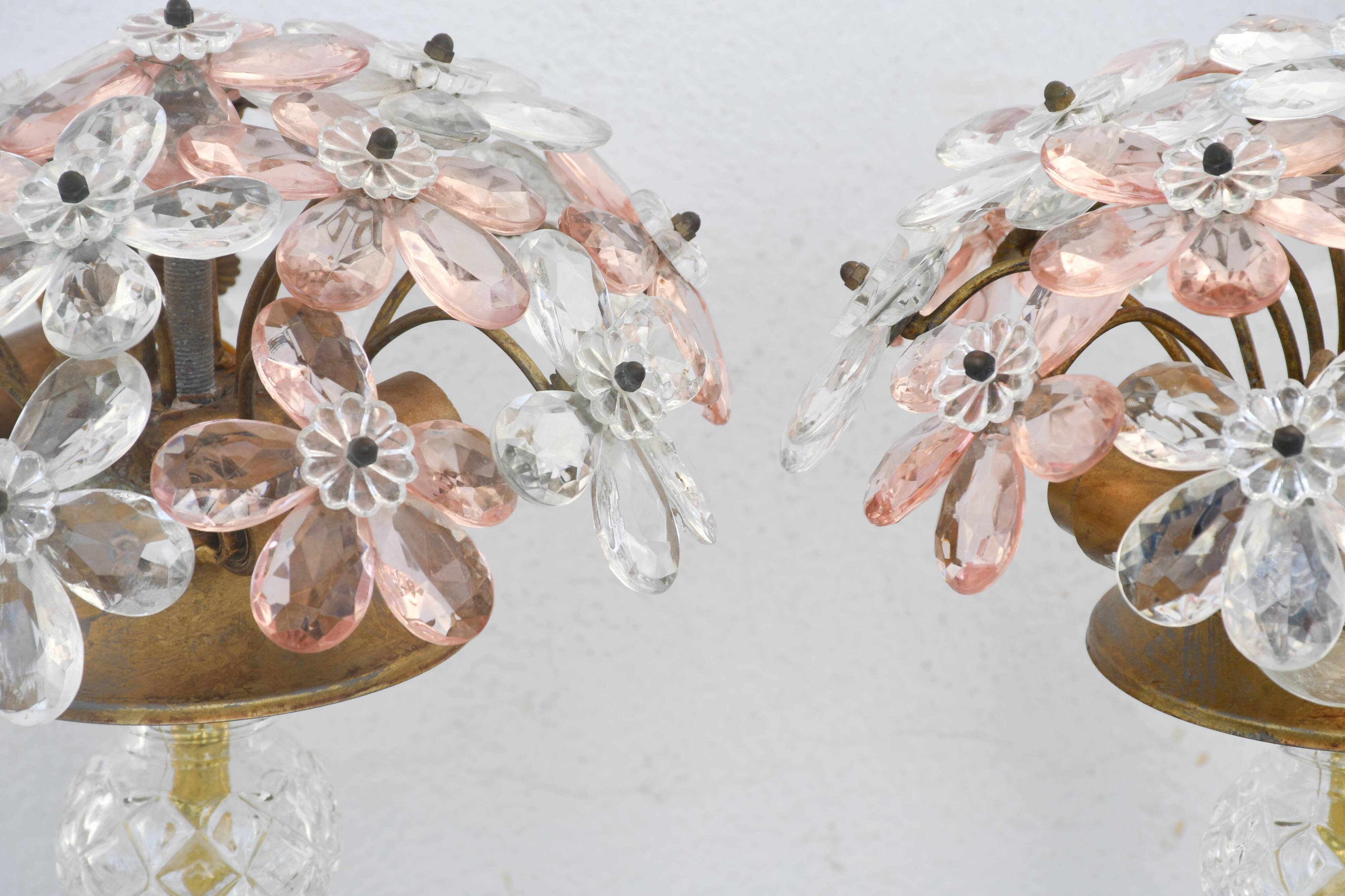 Set of 2 large table lamps with crystal glass flowers, pink and transparent, brass base, 1960