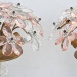 Set of 2 large table lamps with crystal glass flowers, pink and transparent, brass base, 1960