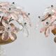 Set of 2 large table lamps with crystal glass flowers, pink and transparent, brass base, 1960