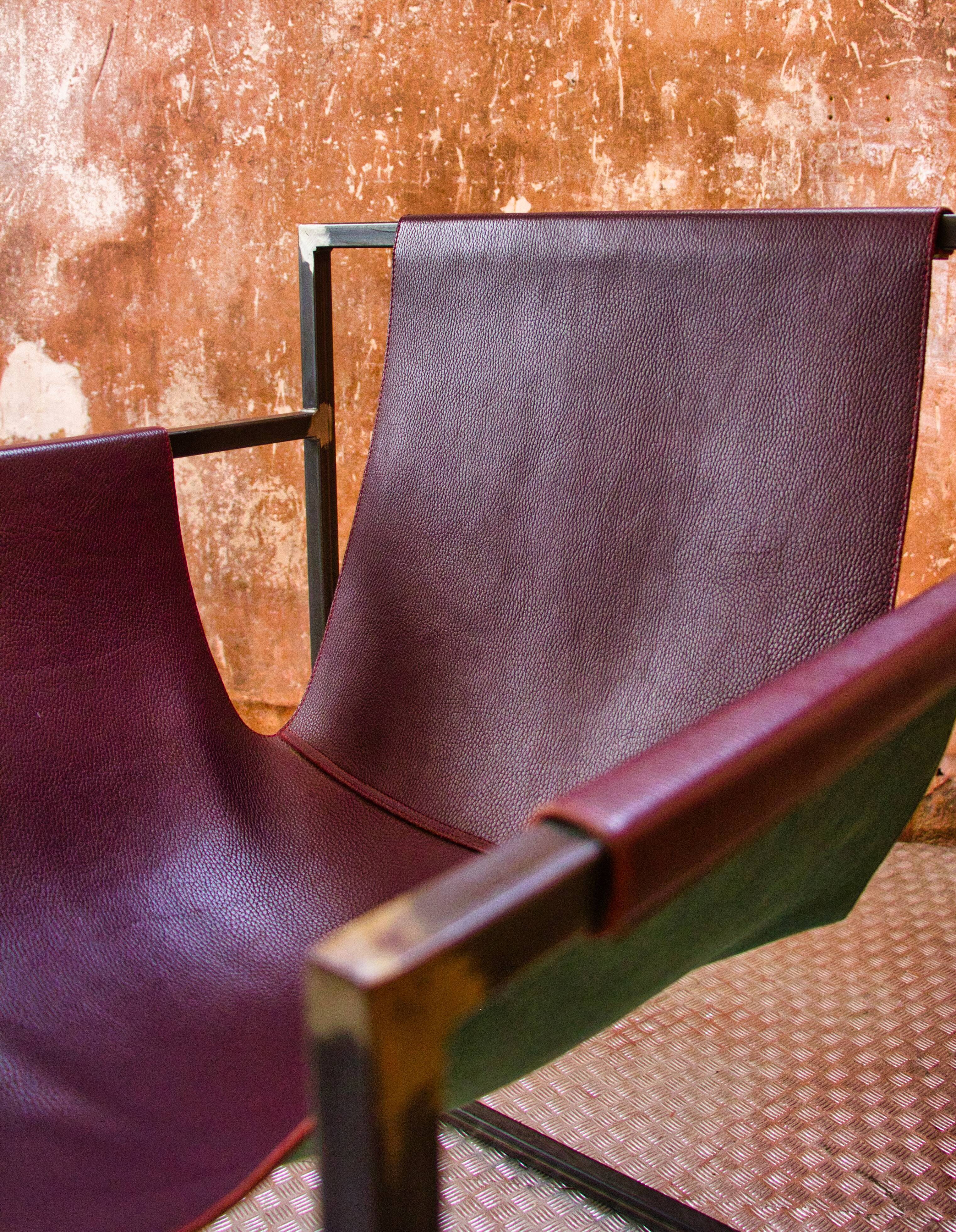 Burgundy leather armchair metal style indus contemporary design