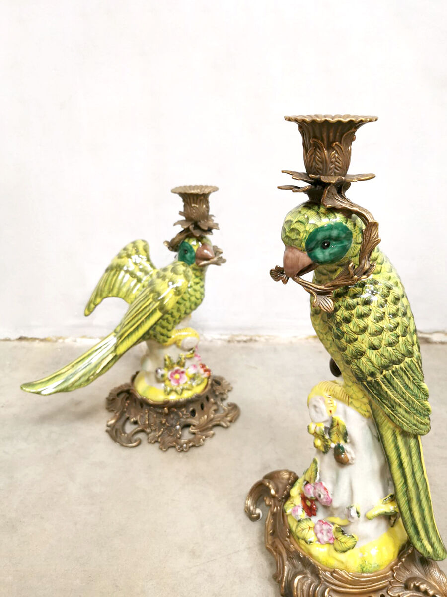 Set of 2 decorative brass candle holders porcelain parrots