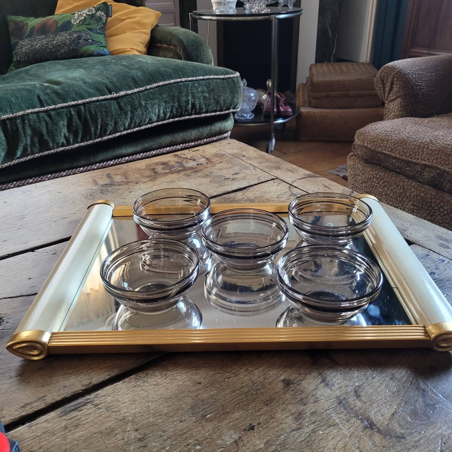 5 Arcoroc smoked bowls, stackable tempered glass, 1970s