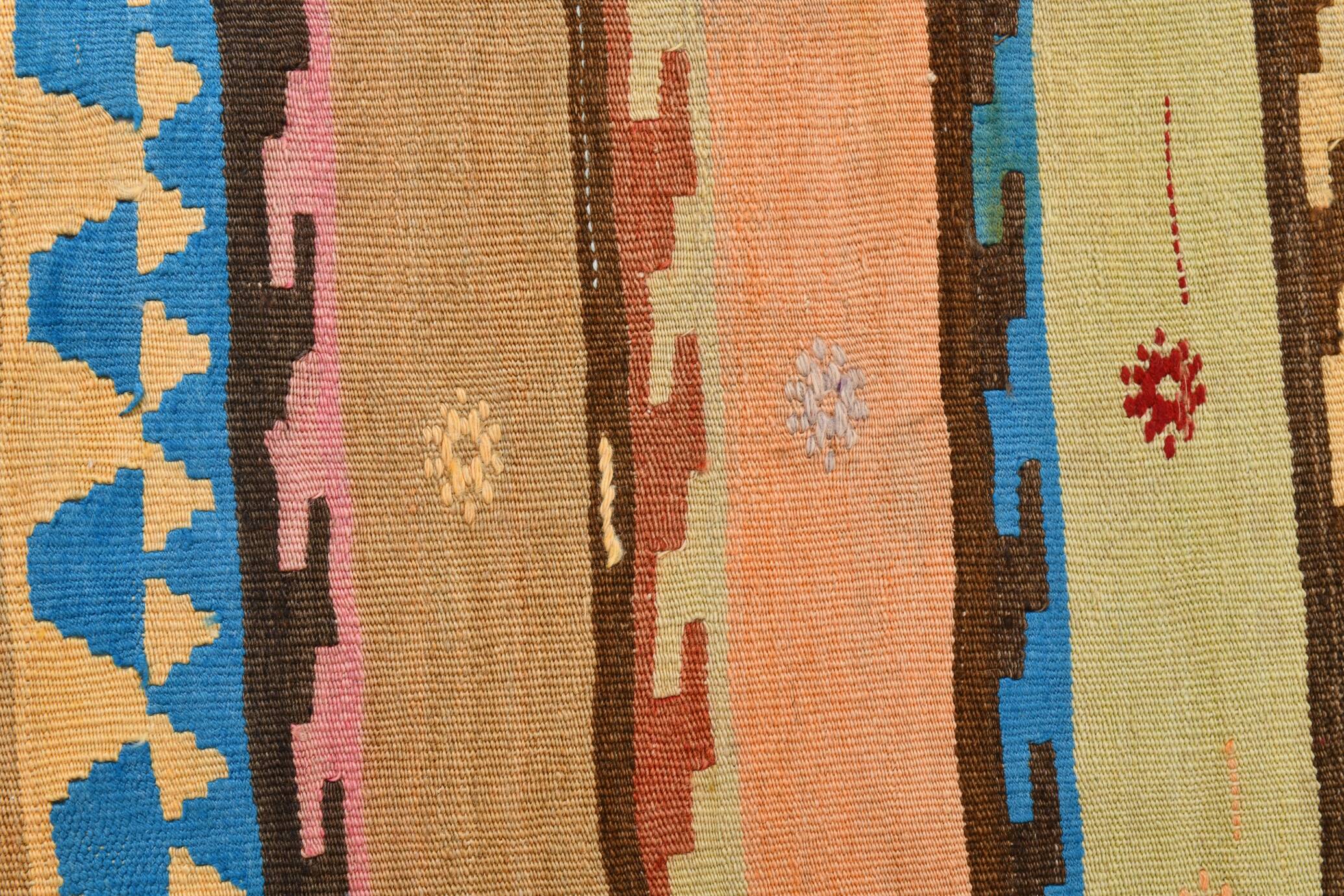 4x13 Beige & Orange Kilim Runner Rug, Wool Runner Rug, Stair Rug, 121x395Cm