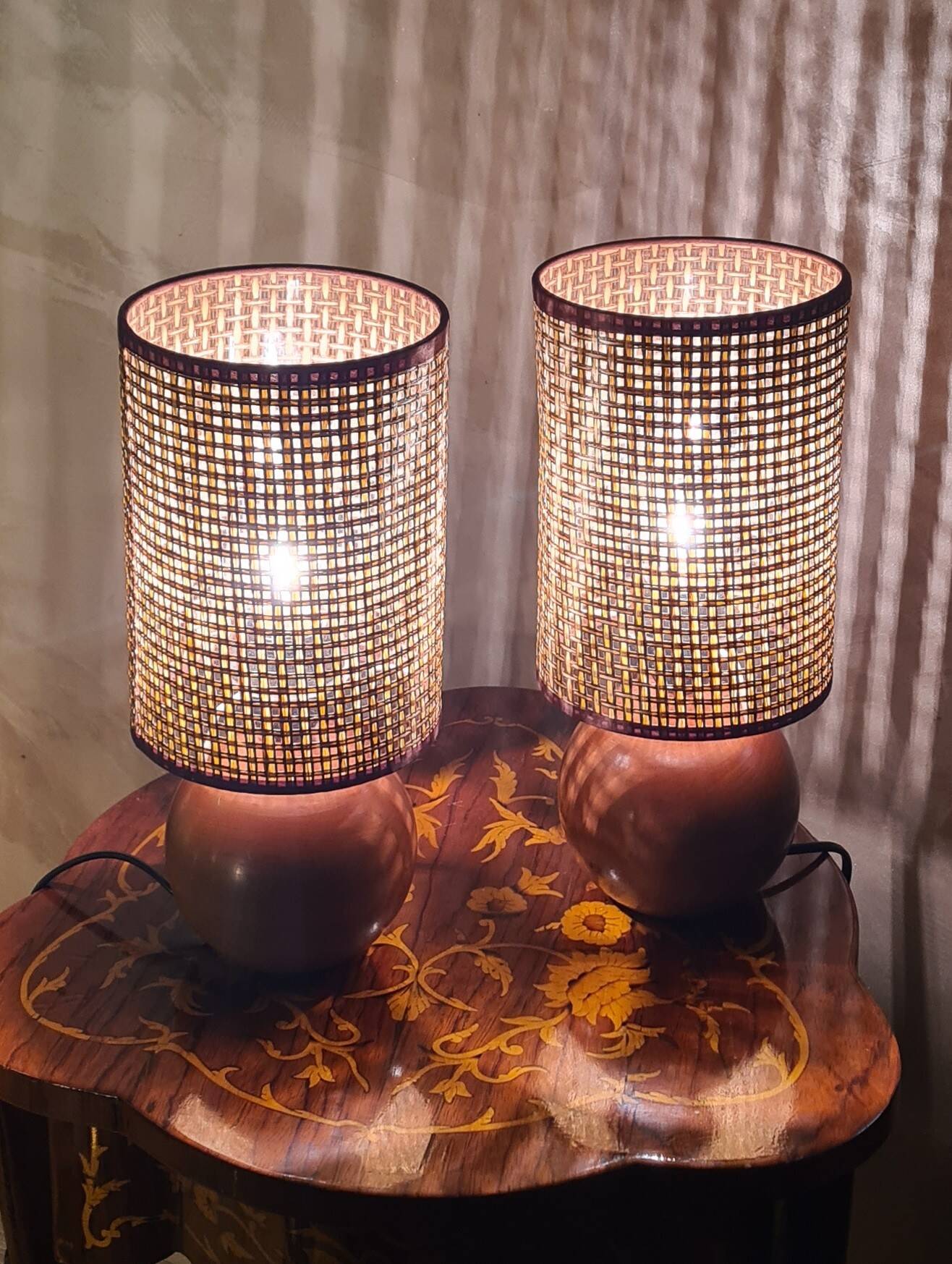 pair of Scandinavian wooden ball bedside lamps elec ok 32x14