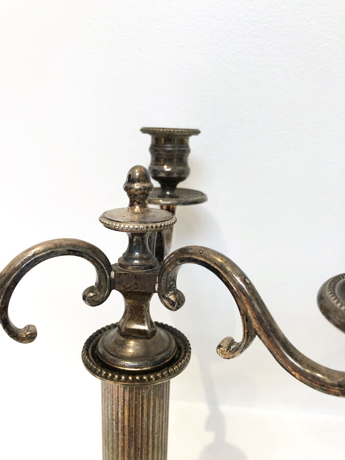 Pair of silver metal candle holders, 1950