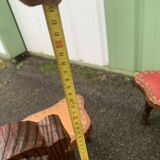 Pair of vintage French three-legged chairs with Breton style backrest, wooden seat 1960s