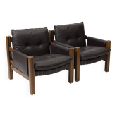 Pair of lounge chairs produced by TON in wood and brown leather, Czechoslovakia, 1990s