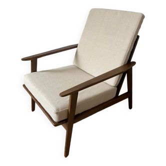 Scandinavian style armchair in wood and ecru fabric, 1950-1960