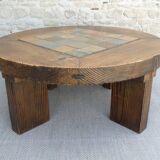 Brutalist coffee table in solid wood and stoneware tiles, circa 1960.