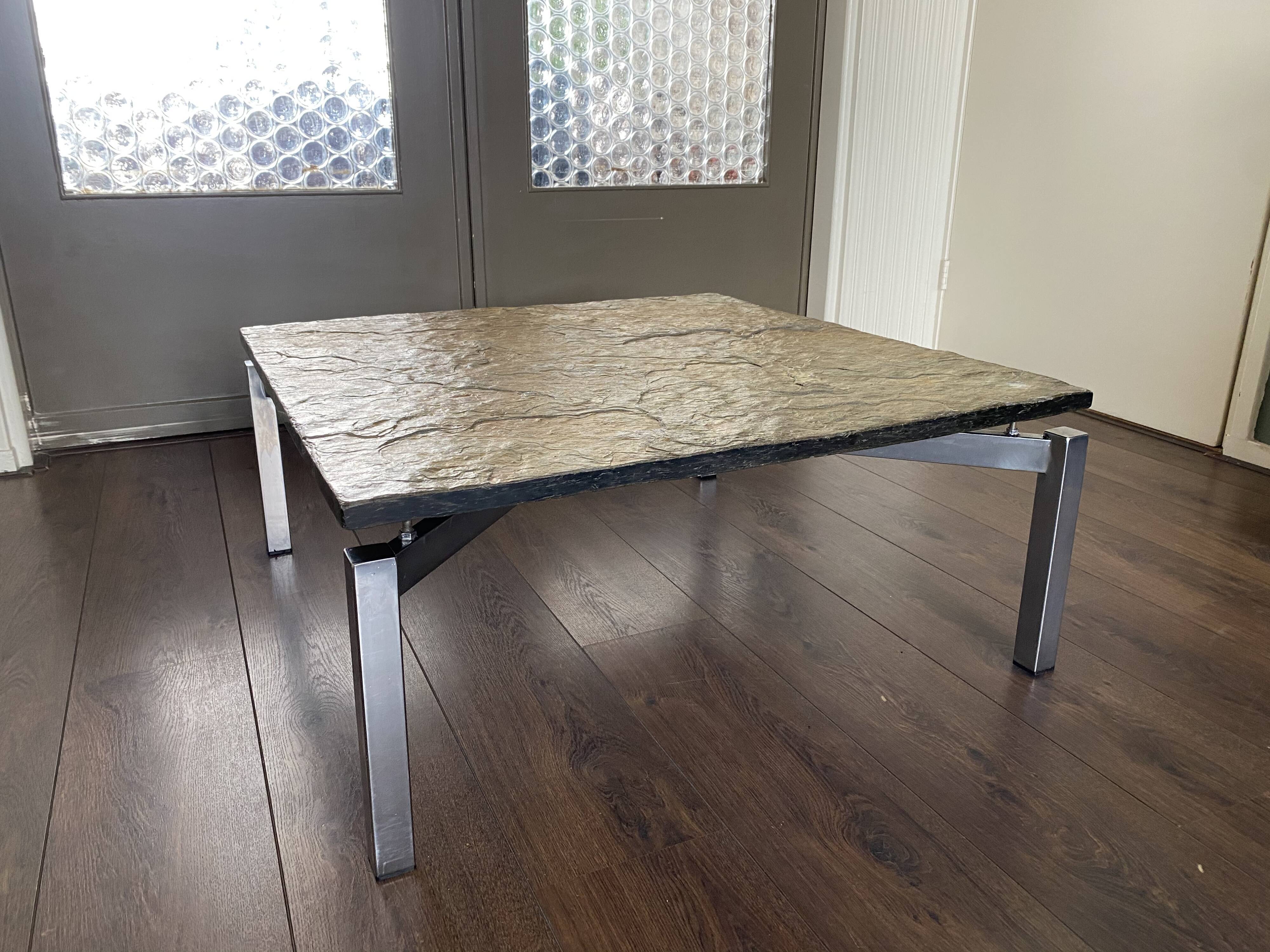 Vintage, Modernist Mid Century steel and slate stone coffee table, 1950s