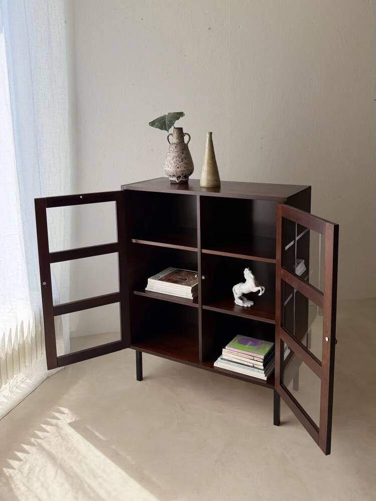 Mid-century display cabinet dark wood glass