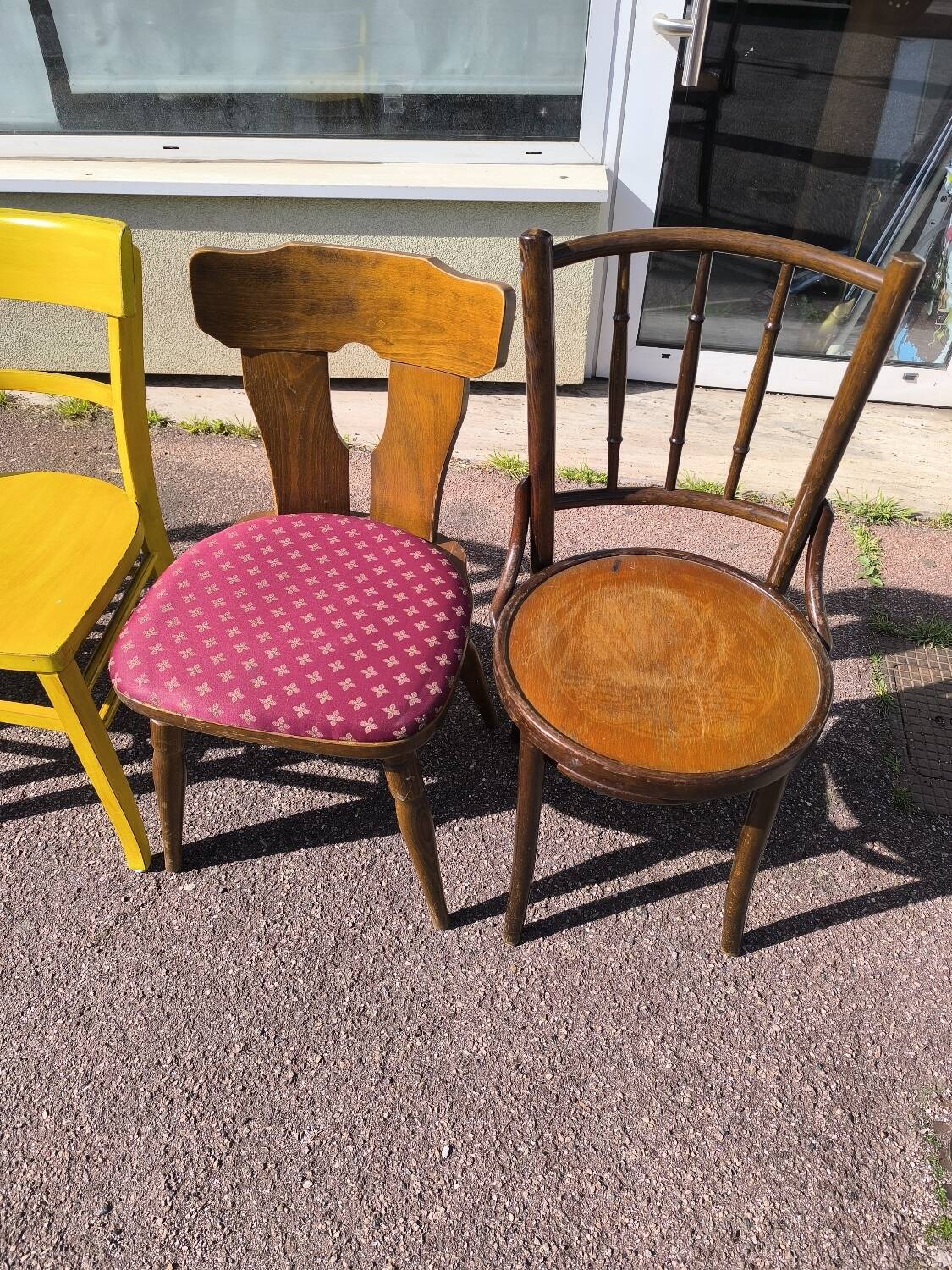 Set of 6 mismatched vintage wooden bistro chairs