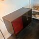 Large vintage bar cabinet from the 50s/60s – illuminated, sliding doors, on wheels.